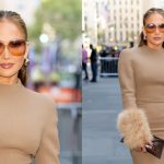 Jennifer Lopez wears Harith Hashim leaving NBC's "Today" show at Rockefeller Plaza on Oct. 6, 2025 in New York City.