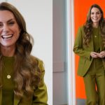 Kate Middleton wears a Victoria Beckham suit in willow green to meet families, along with the volunteers who support them, during her visit to Home-Start Oxford on Oct. 9, 2025 in Oxford, England.