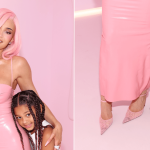 Kylie Jenner and her daugther Stormi Webster match in pink shoes, with Jenner in Amina Muaddi and Stormi in Mini Melissa flats, for the 10th Anniversary of Kylie Cosmetics on Friday.