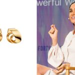 pair of gold earrings from brand polene over white background; meghan markle sitting while giving a speech, wearing the earrings