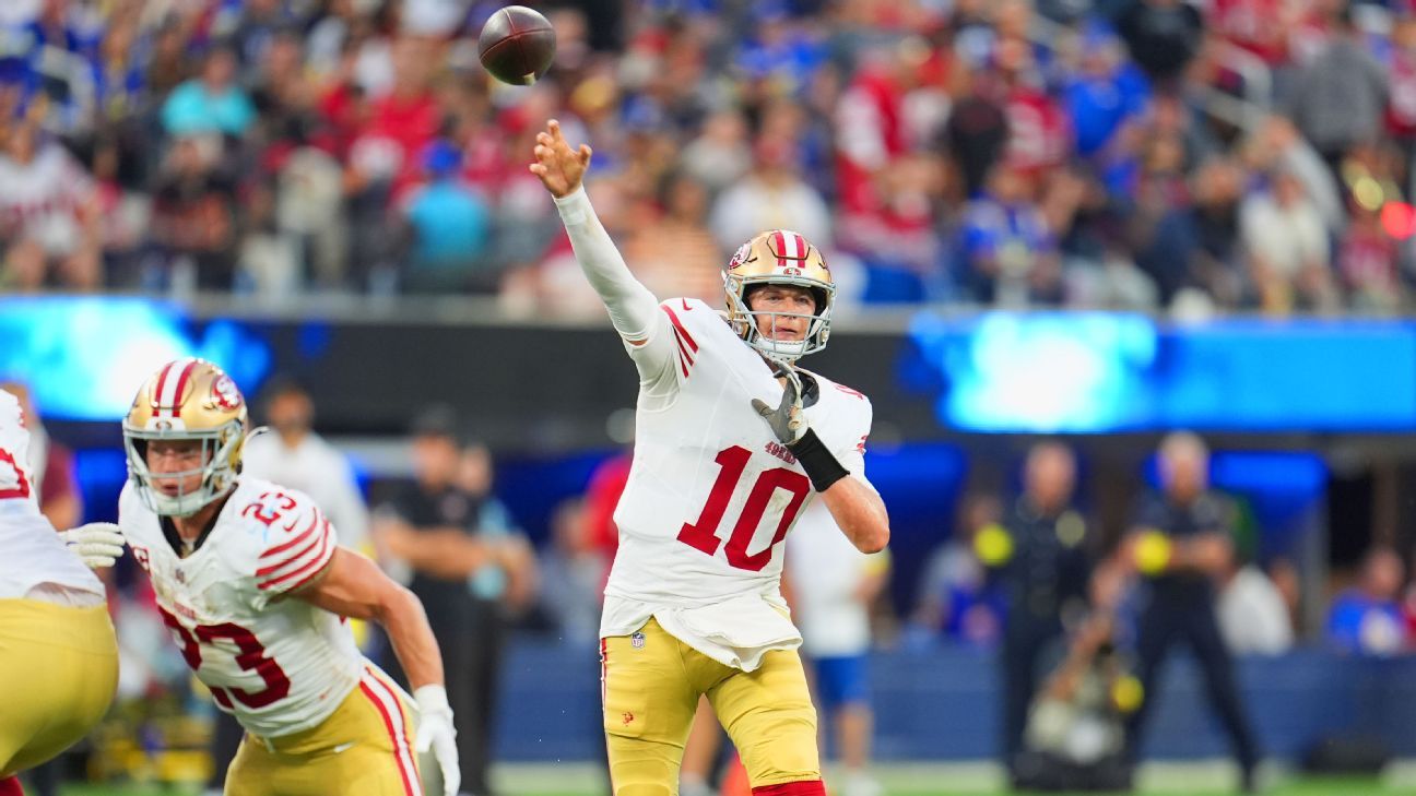 Niners’ Jones to start again in Purdy’s place; Pearsall out