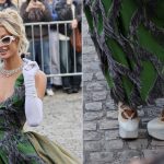 Paris Hilton wears corset lace-up platform heels at the Vivienne Westwood show during Paris Fashion Week. The silhouette nods towards the infamous Gillies heel.
