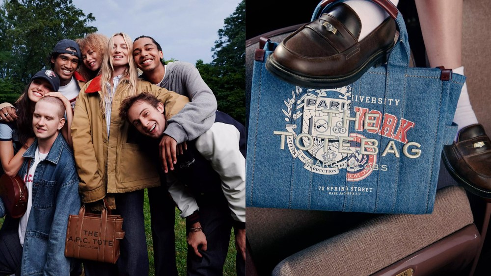 group of people wearing Marc Jacobs x A.P.C. collection clothing and accessories; a Marc Jacobs x A.P.C tote bag made out of denim, with someone's foot resting on top