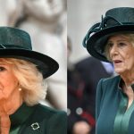 Queen Camilla wears an emerald green dress by Anna Valentine with coordinated brooch and hat at The National Harvest Festival Service at Westminster Abbey on Oct. 16, 2025 in London.