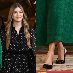 Queen Letizia of Spain and Princess Infanta Sofia of Spain coordinate in Spanish-made black slingbacks for National Day on Sunday.