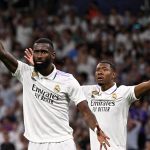 Real Madrid's German defender Antonio Rudiger and Real Madrid's Austrian defender David Alaba (R) gesture during the UEFA Champions League semi-final first leg football match between Real Madrid CF and Manchester City at the Santiago Bernabeu stadium in Madrid on May 9, 2023. (Photo by JAVIER SORIANO / AFP) (Photo by JAVIER SORIANO/AFP via Getty Images)
