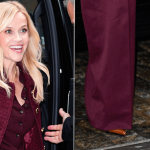 Reese Witherspoon wears glossy patent leather slingback stilettos in New York City on Monday.