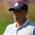 Europe's Rasmus H..jgaard reacts on the sixth hole at Bethpage Black golf course during the Ryder Cup golf tournament, Friday, Sept. 26, 2025, in Farmingdale, N.Y. (AP Photo/Seth Wenig)