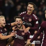 EDINBURGH, SCOTLAND - OCTOBER 04: Hearts Craig Halkett celebrates after scoring to make it 1-0 during a William Hill Premiership match between Heart of Midlothian and Hibernian at Tynecastle Park, on October 04, 2025, in Edinburgh, Scotland. (Photo by Craig Williamson / SNS Group)