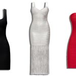 three Hervé Léger bandage dresses in black, silver, and red, over a white background