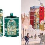 ornate candle next to its accompanying green box; a holiday scene featuring a beauty advent calendar