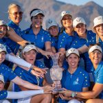 Europe's team pose with the trophy after winning the Solheim Cup golf tournament in Finca Cortesin,