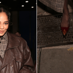 Tessa Thompson wears Saint Laurent's Loulou patent leather slingback pumps in bordeaux and ambre at the BFI London Film Festival's Academy Party on Saturday.