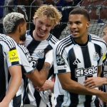 Newcastle's Sandro Tonali, right, celebrates after scoring a goal during the Champions League against Union Saint-Gilloise