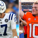 Daniel Jones and Bo Nix pictured celebrating wins in the NFL