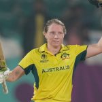 Australia's captain Alyssa Healy celebrates after scoring hundred runs during the ICC Women's Cricket World Cup match between Australia and Bangladesh at ACA...VDCA Cricket Stadium in Visakhapatnam, India, Thursday, Oct. 16, 2025. (AP Photo/Mahesh Kumar A.)