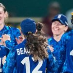 England celebrate Lauren Bell's spectacular catch to dismiss Bangladesh's Marufa Akter in the Women's World Cup (Associated Press)