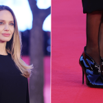Angelina Jolie wears V-cut patent leather booties at the Rome premiere. of"Couture" on Saturday.